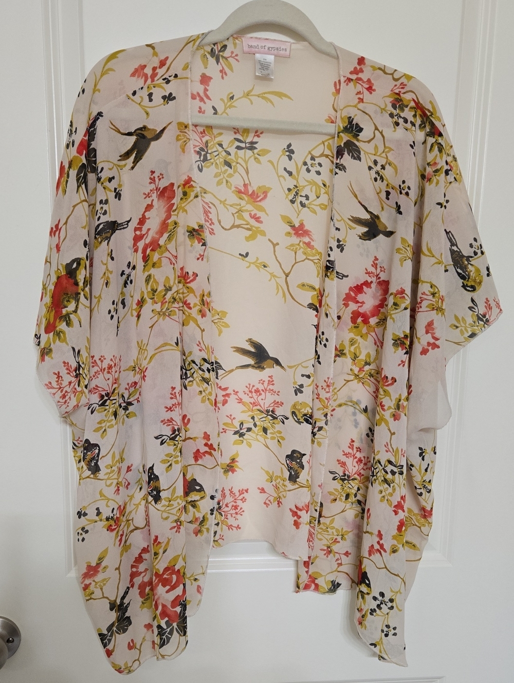 Band of Gypsies Floral & Bird Print Sheer Kimono in Beige and Coral